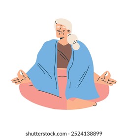 Personagem de mulher idosa sentar em Yoga Cross Legged Pose Vetor Ilustração