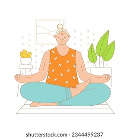 Carácter mujer anciana sentada en el suelo en pose de meditación. Ilustración vectorial colorida con un esquema plano.