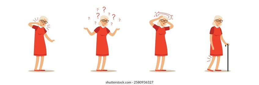 Elderly Woman Character Suffer from Ache in Different Body Part Vector Set