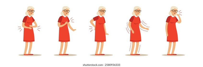 Elderly Woman Character Suffer from Ache in Different Body Part Vector Set