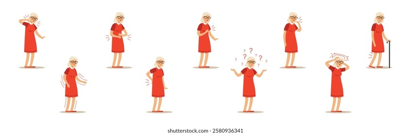 Elderly Woman Character Suffer from Ache in Different Body Part Vector Set