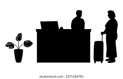 “SHOTLISTtravel”. A elderly woman check in or check out at the hotel reception. Traveler full body silhouette. Suitcase, tourist, travel. 