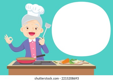 elderly woman chef present cooking in the kitchen with speech bubble