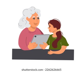 Elderly woman with a child girl looking at a tablet. Vector illustration