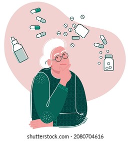 elderly woman chooses medications. grandma finds it difficult to choose tablets and pills. concept on the topic of pharmacology and the elderly. flat drawing in a trendy style. stock vector EPS 10.