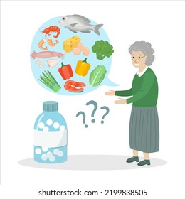 An elderly woman is choosing between healthy food and pills. Vector illustration.
