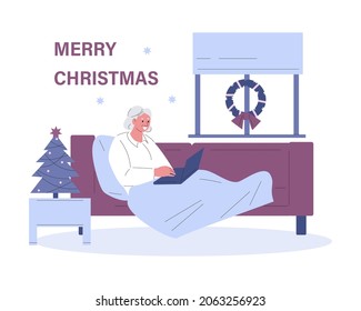 Elderly woman in Christmas lying on the couch communicates and greets in the laptop. Vector illustration in flat style.