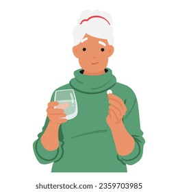 Elderly Woman Clasping Pill With A Poised Hand, A Water Glass Awaiting. Moments Of Daily Ritual, A Bridge To Well-being. Senior Female Character with Remedy. Cartoon People Vector Illustration