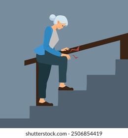 elderly woman climbs stairs and suffers from knee pain. Mature, unwell women struggle with leg pain, injuries or trauma. Maturity, geriatrics concept. Flat vector illustration.