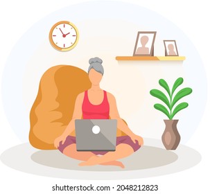 Elderly woman with closed eyes sits on floor in lotus position with computer. Old lady with laptop is meditating with her legs crossed. Home meditation, relaxation, yoga and breathing exercises