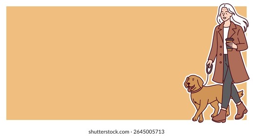 Elderly woman in coat walks dog through autumn park holding leash and enjoying peaceful seasonal weather and outdoor activity. Copy space, banner