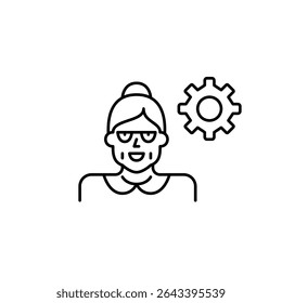 Elderly woman and cogwheel. Accessibility settings, senior user preferences, simplified configuration, personalized system setup, age-friendly interface . Pixel perfect, editable stroke vector icon