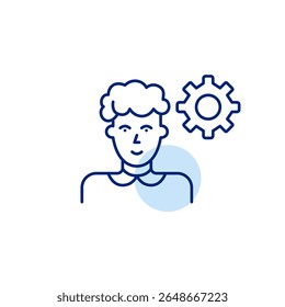 Elderly woman and cogwheel. User settings, profile customization, female user preferences, account management, system configuration. Pixel perfect, editable stroke vector icon