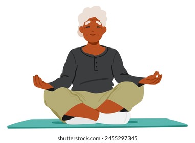 Elderly Woman Is Comfortably Seated In A Lotus Position On A Yoga Mat, With Her Head Held High And Arms Gracefully Positioned On Her Knees. Old Character Meditates. Cartoon People Vector Illustration