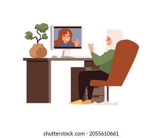Elderly woman communicates using computer network, flat vector illustration isolated on white background. Computer technologies and network communications for elderly.
