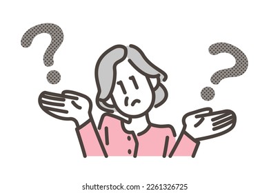 Elderly woman comparing something with both hands [Vector illustration].