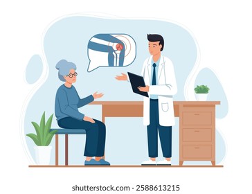 Elderly woman complains to doctor about knee pain. Hospital appointment scene. Osteoporosis arthritis disease, pain inflammation, leg injury. Grandmother struggle with rheumatism. Vector illustration.