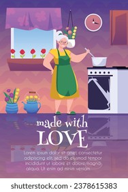 Elderly woman cooking food in pan on the stove in the kitchen at home. Made with love poster Grandmother making homemade fruit or berry jam dessert vector illustration