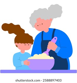 elderly woman cooking with grandchild, family cooking time flat vector illustration