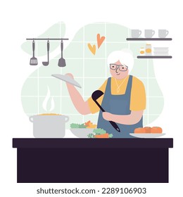 Elderly woman cooking in the kitchen. Happy grandmother is cooking food, kitchen interior. Caucasian granny wearing apron. Healthy food. flat vector illustration