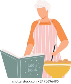 Elderly woman cooking reading recipe book. Senior female preparing meal kitchen home. Chef mixing ingredients bowl culinary process