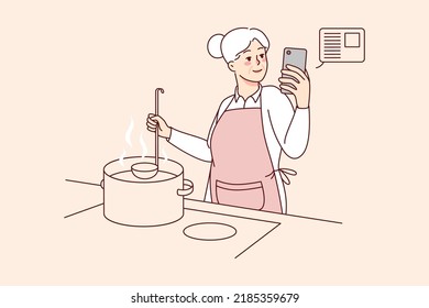 Elderly woman cooking soup at kitchen with online recipe on cellphone. Smiling modern old grandmother preparing food using cookbook or application on mobile. Vector illustration. 