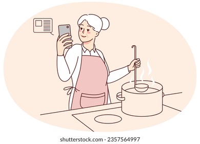 Elderly woman cooking soup at kitchen with online recipe on cellphone. Smiling modern old grandmother preparing food using cookbook or application on mobile. Vector illustration.