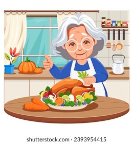 An elderly woman is cooking turkey meat in the kitchen.   Cooking a dish for a holiday. Cooking recipe. Grandmother serves a traditional dish for Thanksgiving. Can be used to decorate any holidays.