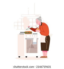 An elderly woman cooks food on the stove. Housework. Old people and life. Flat vector illustration.