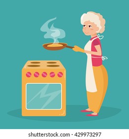 Elderly woman cooks.  Vector illustration in flat style. Image for booklets, brochures, flyers, websites. Cartoon character.