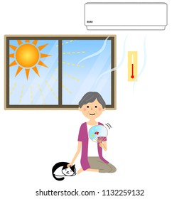 Elderly woman cools in the room