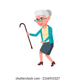 Elderly Woman Dancing Dance With Stick Vector. Old Caucasian Grandmother Funny Leisure Time On Dancing Floor. Happiness Character Aged Lady Relaxation And Satisfaction Flat Cartoon Illustration