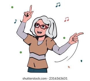 Elderly woman dancing, peaceful retirement. Happy elderly woman enjoying her best age. vector illustration.