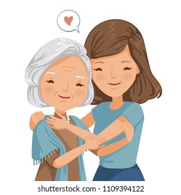 elderly woman with daughter. Women are embracing older women.  affectionately. feeling happy of family relationship. retirement age. Elderly care concepts of motherhood. Vector illustration isolated 