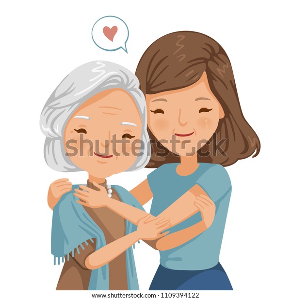 娘を持つ年配の女性 女性は年配の女性を抱き締めている 優しく 家族の関係が幸せな気持ち 定年 母性に関する高齢者のケアのコンセプト ベクターイラスト のベクター画像素材 ロイヤリティフリー