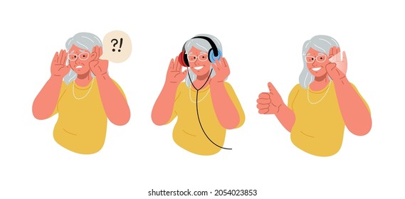 The elderly woman is deaf.Old lady is wearing headphones and does a hearing test.Retiree has been healed.Hearing exam for seniors.Vector flat illustration.