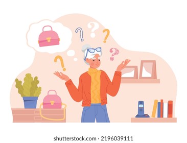 Elderly Woman With Dementia. Grandmother Looking For Bag That Behind Her Back. Memory Problems, Alzheimers And Cognitive Decline. Healthcare And Medical Help. Cartoon Flat Vector Illustration