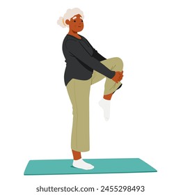 Mujer Mayor Demostrando Su Equilibrio Y Flexibilidad Parándose En Una Pierna Sobre Una Alfombra De Yoga Con Sus Brazos Sosteniendo Una Rodilla. El Personaje Femenino Se Ve Enfocado Y Tranquilo. Ilustración vectorial de Personas de dibujos animados