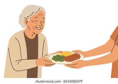 An elderly woman is depicted smiling as she receives a plate of food in a flat vector illustration symbolizing kindness and care