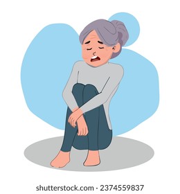 elderly woman with depression, deep sadness. Elderly woman feeling loneliness. Vector illustration