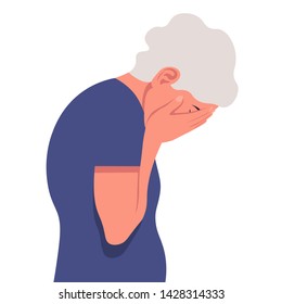 Elderly Woman In Despair. Grandma Is Crying. Portrait In Profile. Depression And Stress. Vector Illustration In Flat Style.