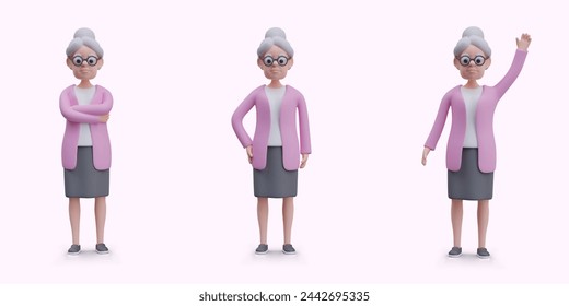 Elderly woman in different poses, front view. Grandmother in glasses and pink sweater