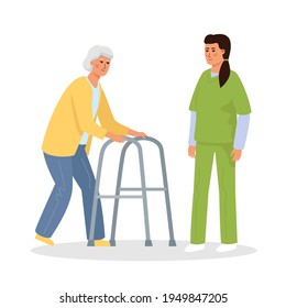 Elderly woman disabled on a walker and a nurse.