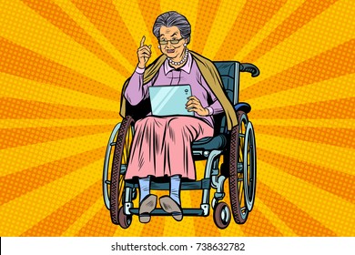 elderly woman disabled person in a wheelchair, gadget tablet. Pop art retro vector illustration