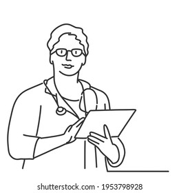 Elderly woman doctor with glasses. Hand drawn vector illustration. 