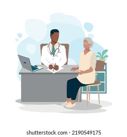 Elderly woman at the doctor's office. Doctor and patient. Thank you doctors and nurses. Vector illustration in a flat style.