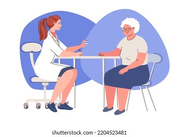 Elderly woman in doctor's office. Physician consults patient, writes out prescription for pills. Concept of geriatric care. Vector characters flat cartoon illustration.