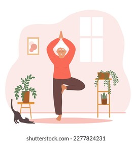 An elderly woman does yoga, goes in for sports, monitors her health in a room with plants. Active old lady on the move. Vector graphics.