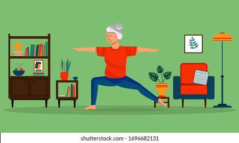 An elderly woman does yoga at home. The concept of an active lifestyle, health care and lockdown. The preservation of peace during a pandemic coronavirus. Flat vector illustration.