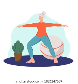 An elderly woman does yoga at home. The concept of active old age, sports, and yoga. Day of the elderly. Flat cartoon vector illustration.